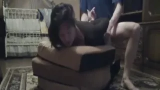 cute bitch in short skirt and heels gives blowjob  and then gets fucked with hands tied behind her back