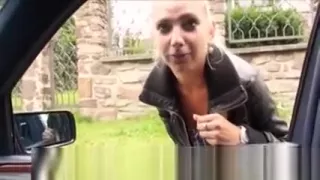 Stranded Jessie Sinclair swallows cum in her 1st public sex