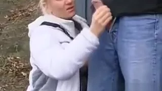 Blonde Woman Stroking Some Cock Outside