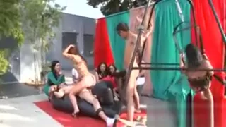 Sexual babes in clothes are giving a head to nude boy