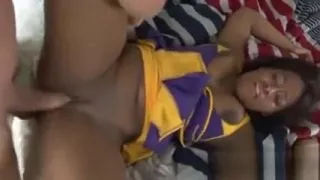 Ebony cheerleader plowed and spread open