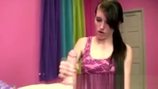 Brunette babe giving hottest handjob to lucky guy