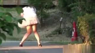 Asian pees behind bench