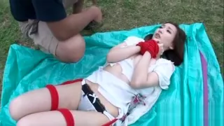 Oriental Honey Gets Wet From Being Manhandled Outdoors