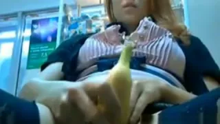 Horny Russian Using A Banana At Work