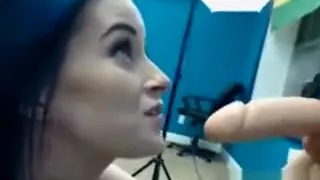 Short Hair Hottie Sucks Her Dildo Like Cock