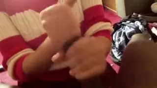 Big tit chick in bikini gives lubed cock handjob