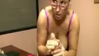 Horny milf tugging cock for lucky guy and loves it