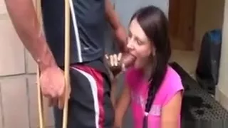 Sexy brunette sucking black cock for this cripple