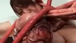 Naked asian sex slave wrapped in big tentacles