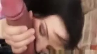 Shy babe shows her sweet tits and sucks on cock