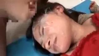 Busty asian slut getting face jizz covered