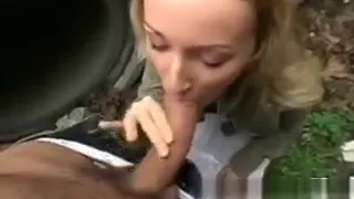 Naughty chick flashes her tits and pussy on a highway then