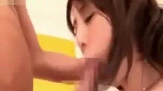 Asian beauty sucking cock gets jizzed on her sexy boobs