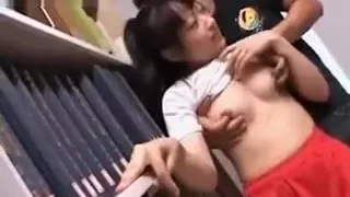 Sweet asian girl getting hot nipples sucked in library