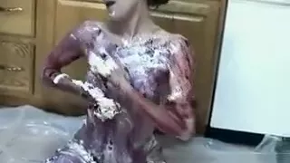Skinny girl enjoys a messy pie