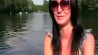 Sexy brunette shows off her tits for this lucky guy