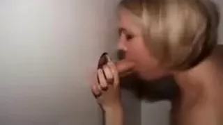 Gloryhole amateur blonde swallowing cum from many random men