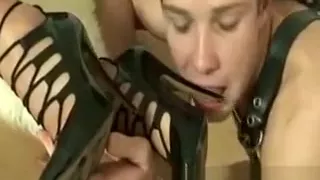 Hot busty mature makes young dude foot worship her