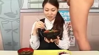 She's having a meal and he jerks off in her bowl and she ea