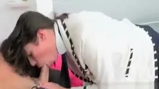 Hot brunette slut blows stiff rod