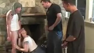 Milf slut sucking three dicks