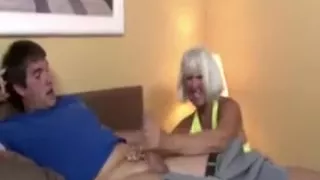 Granny welcomes guy wtih a handjob