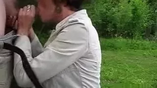 Amateur mature bitch sucks and bangs a stiff cock outdoors