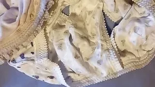 Tradesman wanking and cumming in granny panties while she's out.