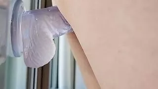 Slutty Kinky Teen Milf xLilyFlowersx Fucks Self With Window Dildo in Front of Busy Street Then Gives Self Spit Facial