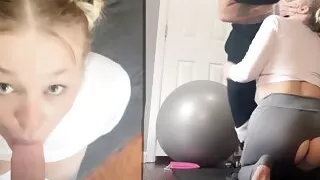 Stepsister lets me rip open her yoga pants and cum on her face