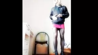 Sexy Crossdresser Sport Jacket with Necklace High Heels Stockings