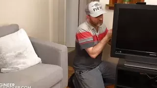 busty black housewife offers pink pussy for the television  mans white cock