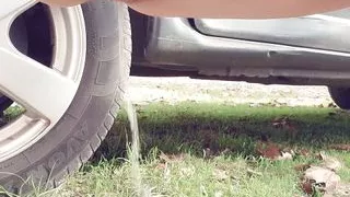 pissing in public parking with mouthfull