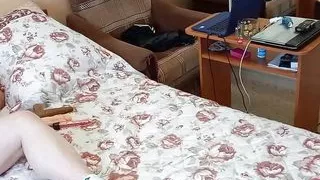 fat woman masturbates in front of the camera with different toys