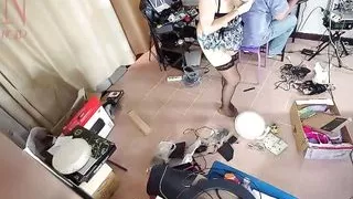 A naked maid is cleaning up in an stupid IT engineer's office. Real camera in office. 1