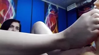 Anal fingering and footjob for a huge dildo from hot and sexy brunette