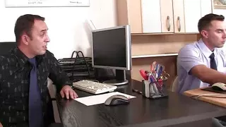 Two office guys share old granny on job interview