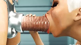 Sex android futanari plays with a sexy blonde in the sci-fi med bay