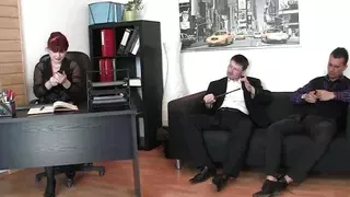 Sexy office cougar swallows 2 cocks at once