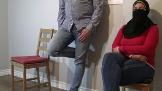Married arab woman gets cumshot in public waiting room.