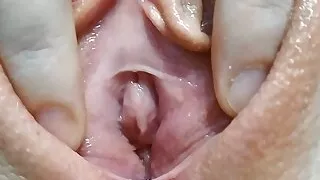 Wet pussy girl emits a lot of juice after Masturbation close up