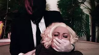 Hot kinky: man covers the girl's mouth and then cuts her clothes off. Medical gloves and moans