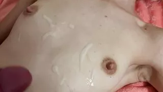 Playing with oiled breast and cumshot on tits