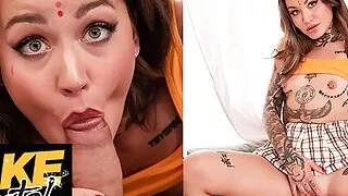 Fake Hostel - Sexy brunette with tattoos finds a dork stuck in his bunk bed ladder