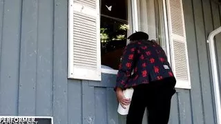 Huge tits at her window brings in a man to fuck her ass