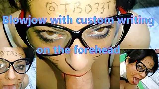 Blowjob with custom writing on forehead