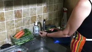 The piggy in the kitchen, prepare a nice dinner.  But she always wants my cock.