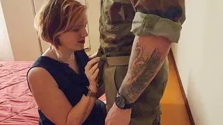 young soldier on leave invited me to the hotel to fuck me hard in threesome