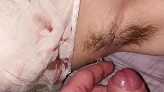 Cumshot on hairy armpits